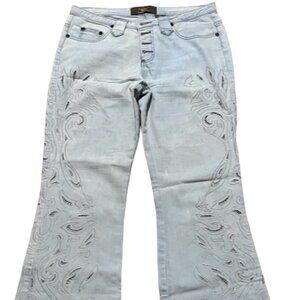 Duchesse Light Wash Distressed Bootcut Flare Stretch Jeans Floral Eyelet Size 11